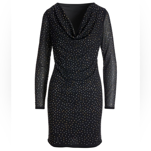 Boston Proper Metallic Bead Embellished Cowl-Neck Mesh Sheath Dress Black - Picture 10 of 10